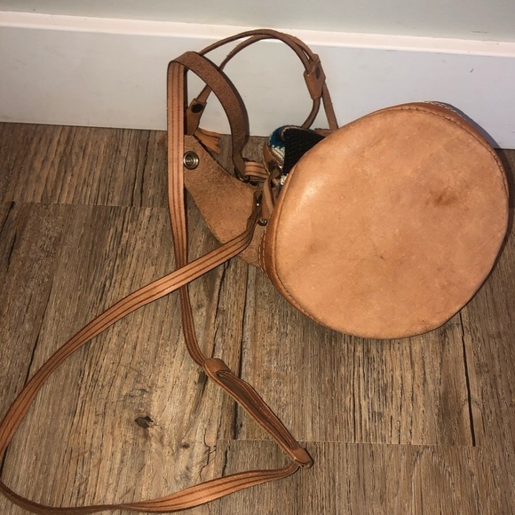 Vtg Mexican Leather Crochet Knit Crossbody Mini Bucket Bag Drawstring Button 70s - Picture 5 of 7